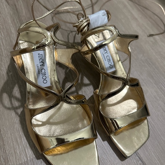 JIMMY CHOO LONDON NWOB NEW AZURE SANDALS 50MM KITTEN HEELS 37 US7 OUI GOLD $825 - Picture 2 of 5